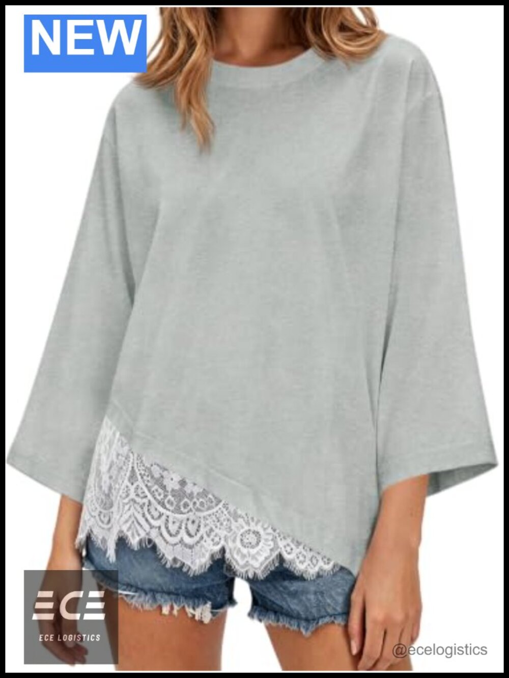 Oversized 3/4 Sleeve T-Shirt Lace Trim Dressy Casual Top